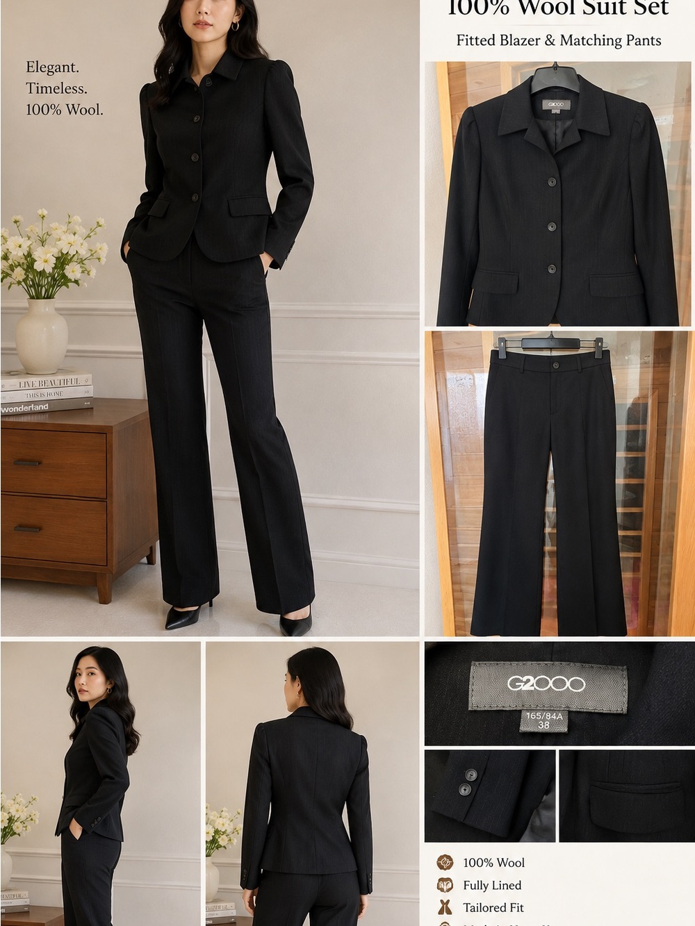 G2000 Black Wool Blend 2-Piece Pant Suit Blazer & Trousers Size 38